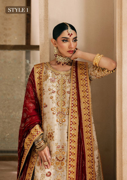 Elegant off white zari net dress with embellished embroidery, organza borders and sleeves. Paired with jamawar pants and chiffon dupatta.