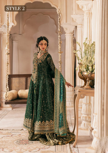 Elegant bottle green chiffon dress with embellished embroidery, organza borders and sleeves. Paired with jamawar pants and silk dupatta.