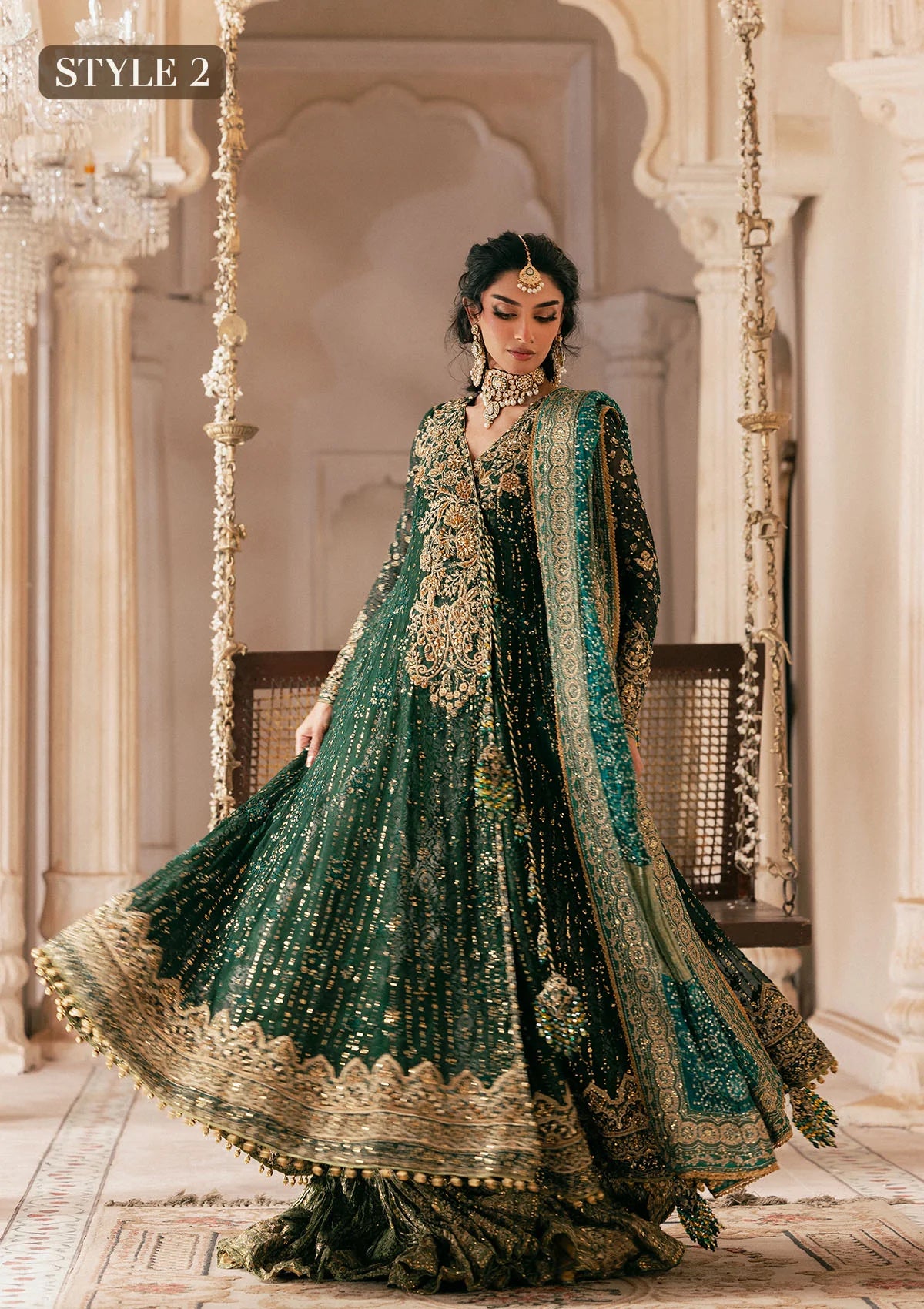 Elegant bottle green chiffon dress with embellished embroidery, organza borders and sleeves. Paired with jamawar pants and silk dupatta.