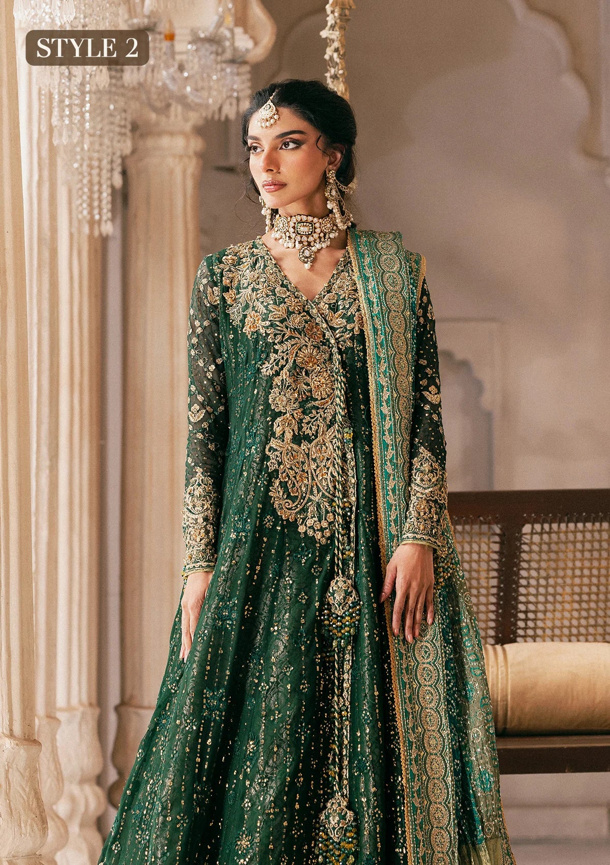 Elegant bottle green chiffon dress with embellished embroidery, organza borders and sleeves. Paired with jamawar pants and silk dupatta.