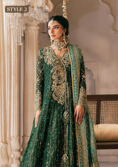 Elegant bottle green chiffon dress with embellished embroidery, organza borders and sleeves. Paired with jamawar pants and silk dupatta.