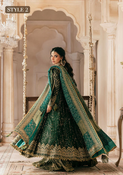 Elegant bottle green chiffon dress with embellished embroidery, organza borders and sleeves. Paired with jamawar pants and silk dupatta.
