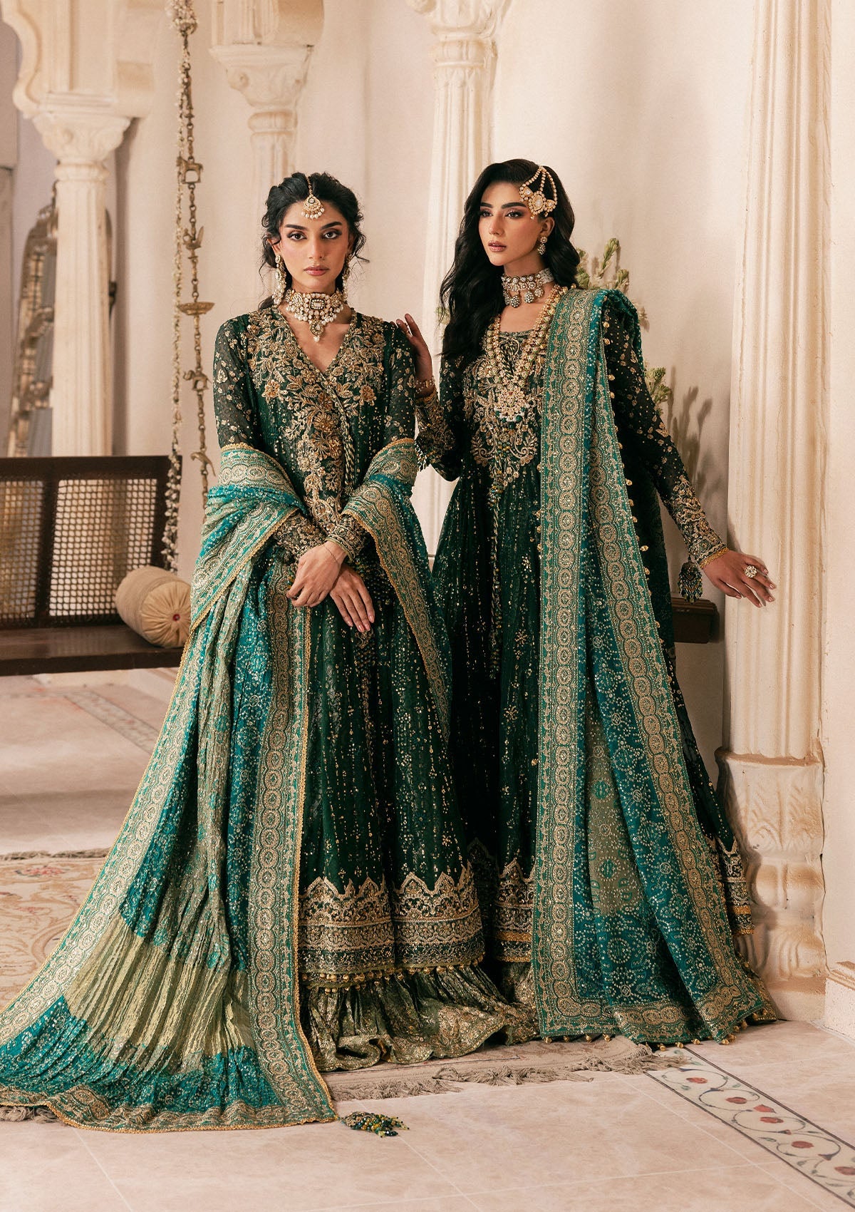 Elegant bottle green chiffon dress with embellished embroidery, organza borders and sleeves. Paired with jamawar pants and silk dupatta.