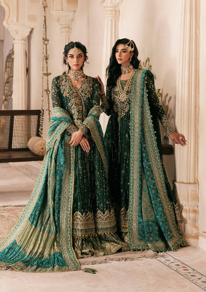 Elegant bottle green chiffon dress with embellished embroidery, organza borders and sleeves. Paired with jamawar pants and silk dupatta.
