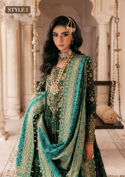 Elegant bottle green chiffon dress with embellished embroidery, organza borders and sleeves. Paired with jamawar pants and silk dupatta.