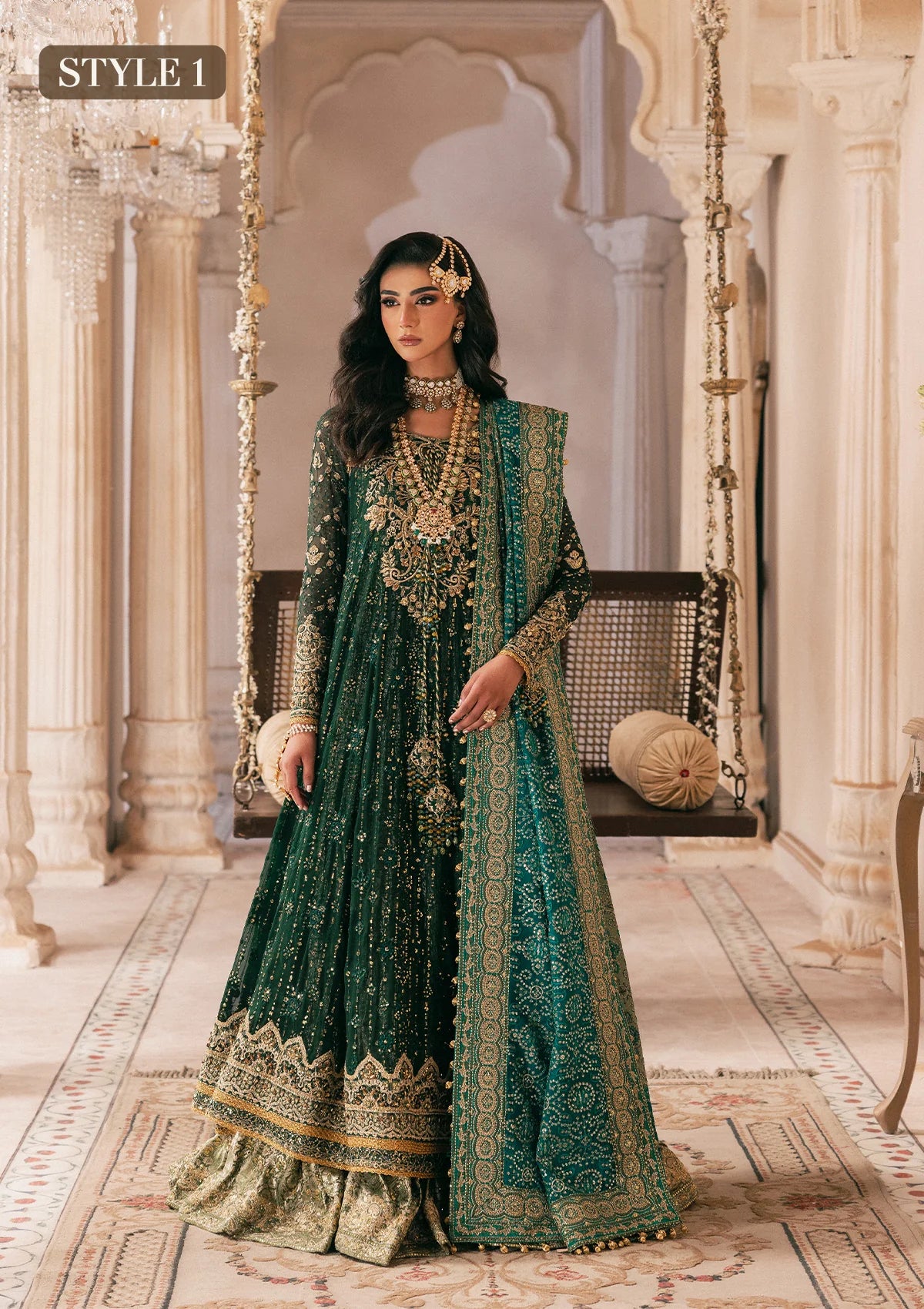 Elegant bottle green chiffon dress with embellished embroidery, organza borders and sleeves. Paired with jamawar pants and silk dupatta.