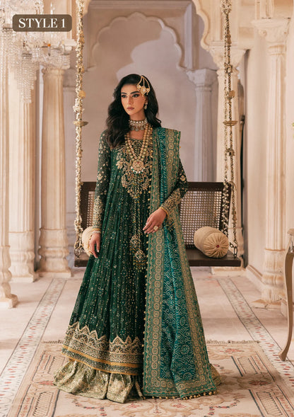 Elegant bottle green chiffon dress with embellished embroidery, organza borders and sleeves. Paired with jamawar pants and silk dupatta.