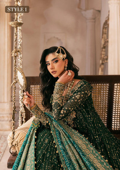 Elegant bottle green chiffon dress with embellished embroidery, organza borders and sleeves. Paired with jamawar pants and silk dupatta.