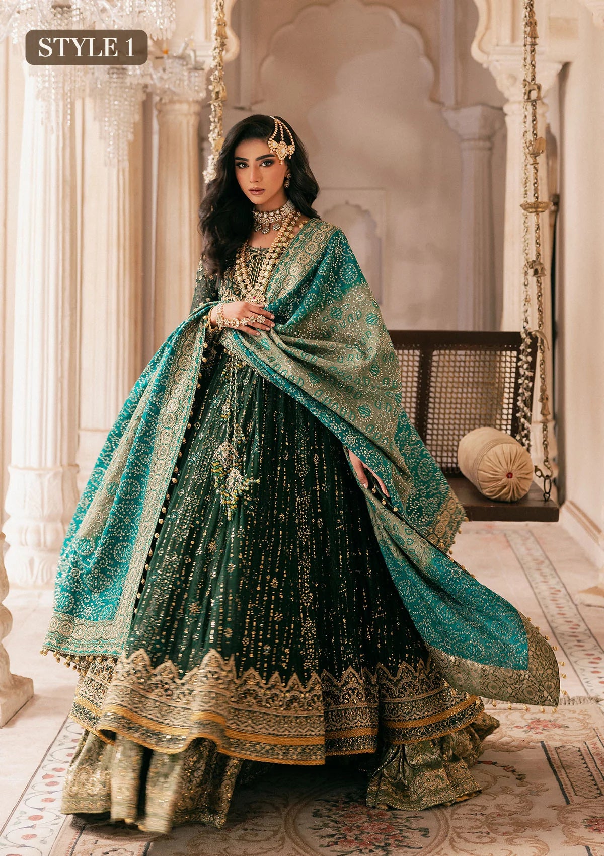 Elegant bottle green chiffon dress with embellished embroidery, organza borders and sleeves. Paired with jamawar pants and silk dupatta.
