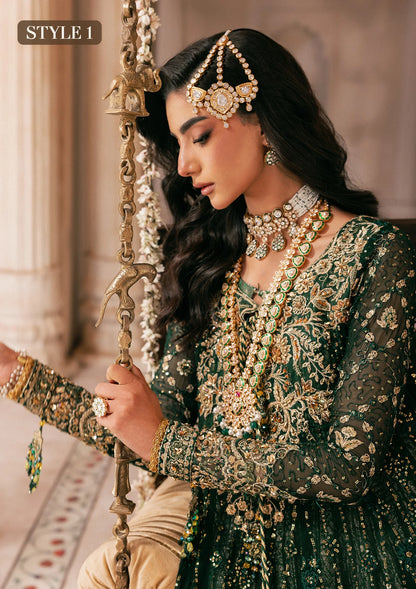 Elegant bottle green chiffon dress with embellished embroidery, organza borders and sleeves. Paired with jamawar pants and silk dupatta.