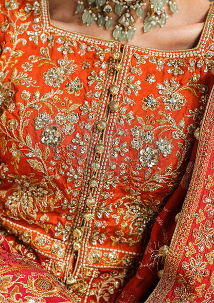 Shop red-orange silk embroidered dress with Kataan shirt, Masoori pants & dupatta. Features kоти kalidar & open front styles—perfect for festive wear.