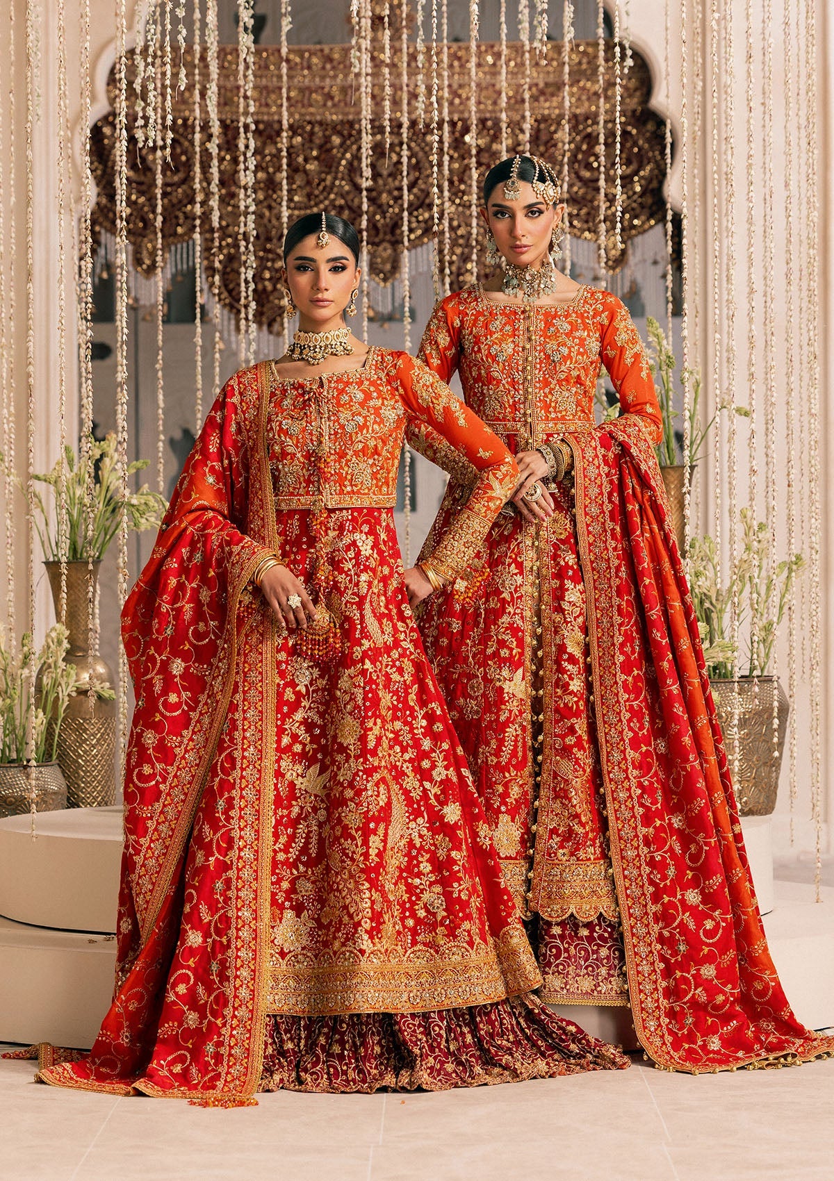 Shop red-orange silk embroidered dress with Kataan shirt, Masoori pants & dupatta. Features kоти kalidar & open front styles—perfect for festive wear.