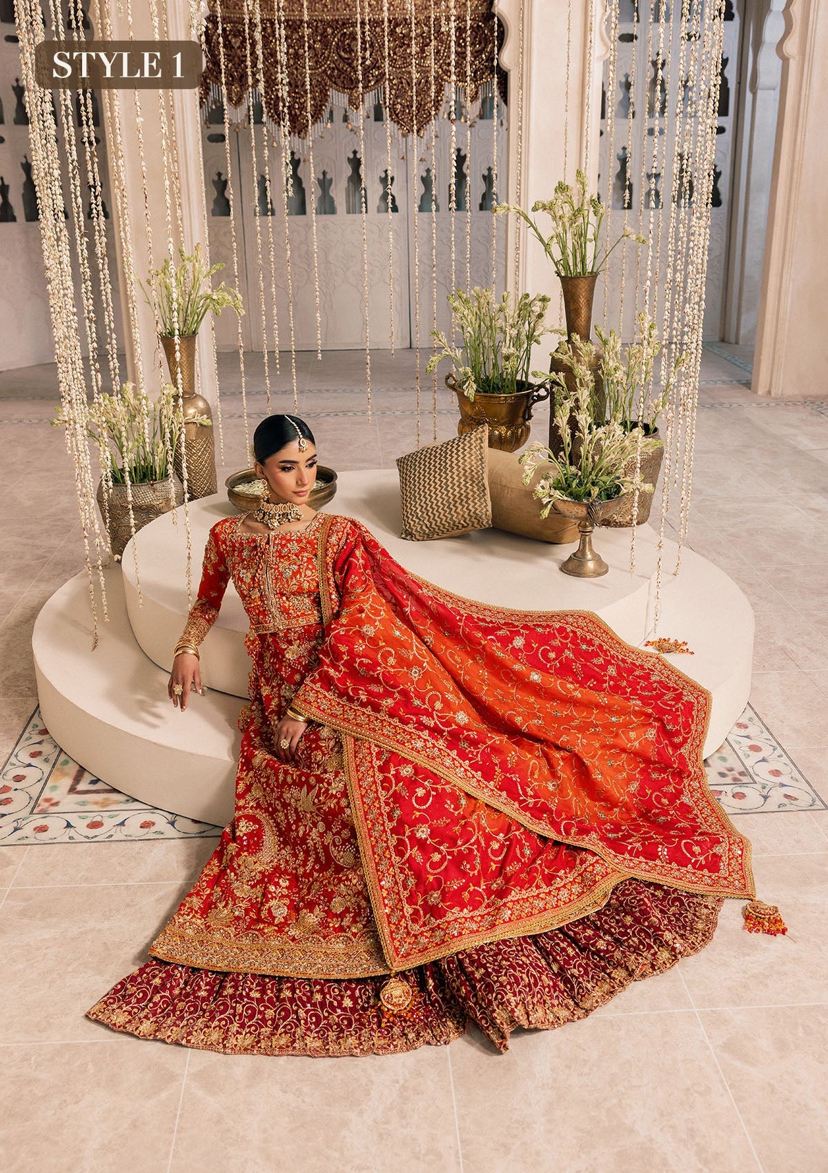 Shop red-orange silk embroidered dress with Kataan shirt, Masoori pants & dupatta. Features kоти kalidar & open front styles—perfect for festive wear.