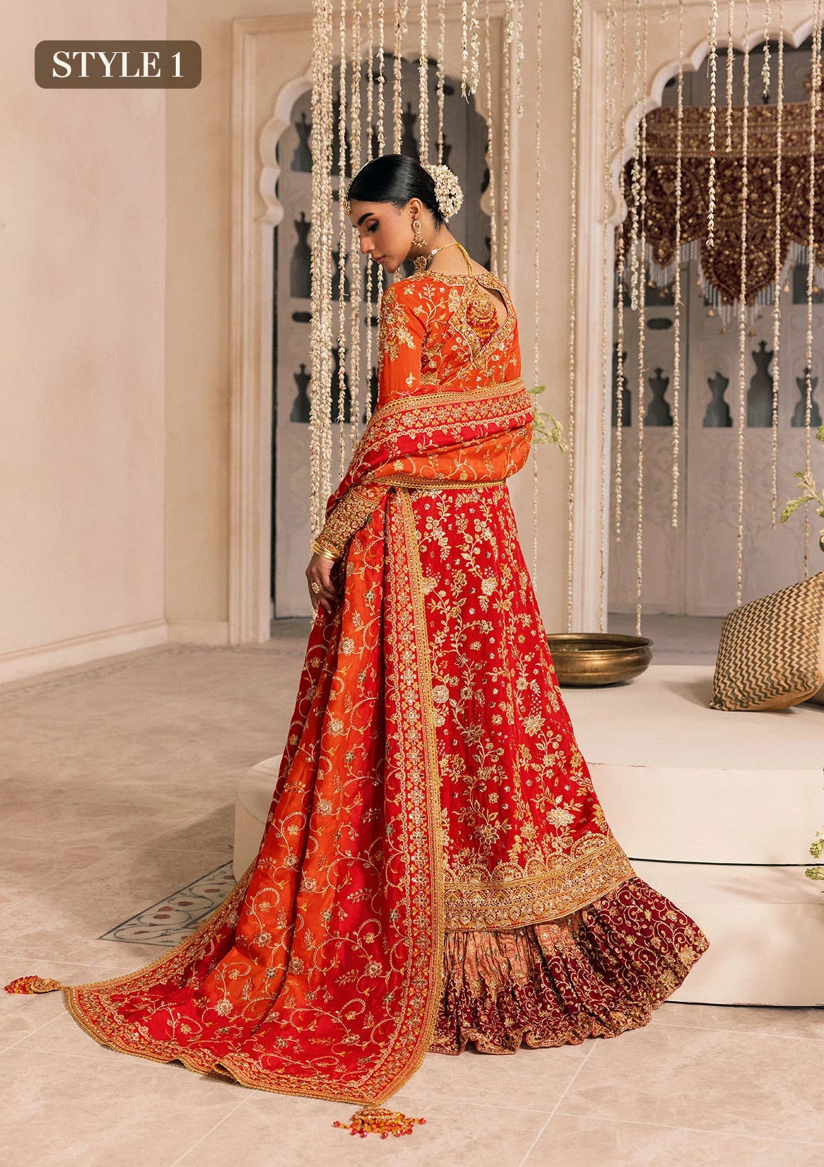 Shop red-orange silk embroidered dress with Kataan shirt, Masoori pants & dupatta. Features kоти kalidar & open front styles—perfect for festive wear.