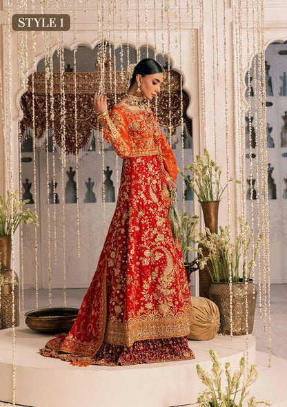 Shop red-orange silk embroidered dress with Kataan shirt, Masoori pants & dupatta. Features kоти kalidar & open front styles—perfect for festive wear.