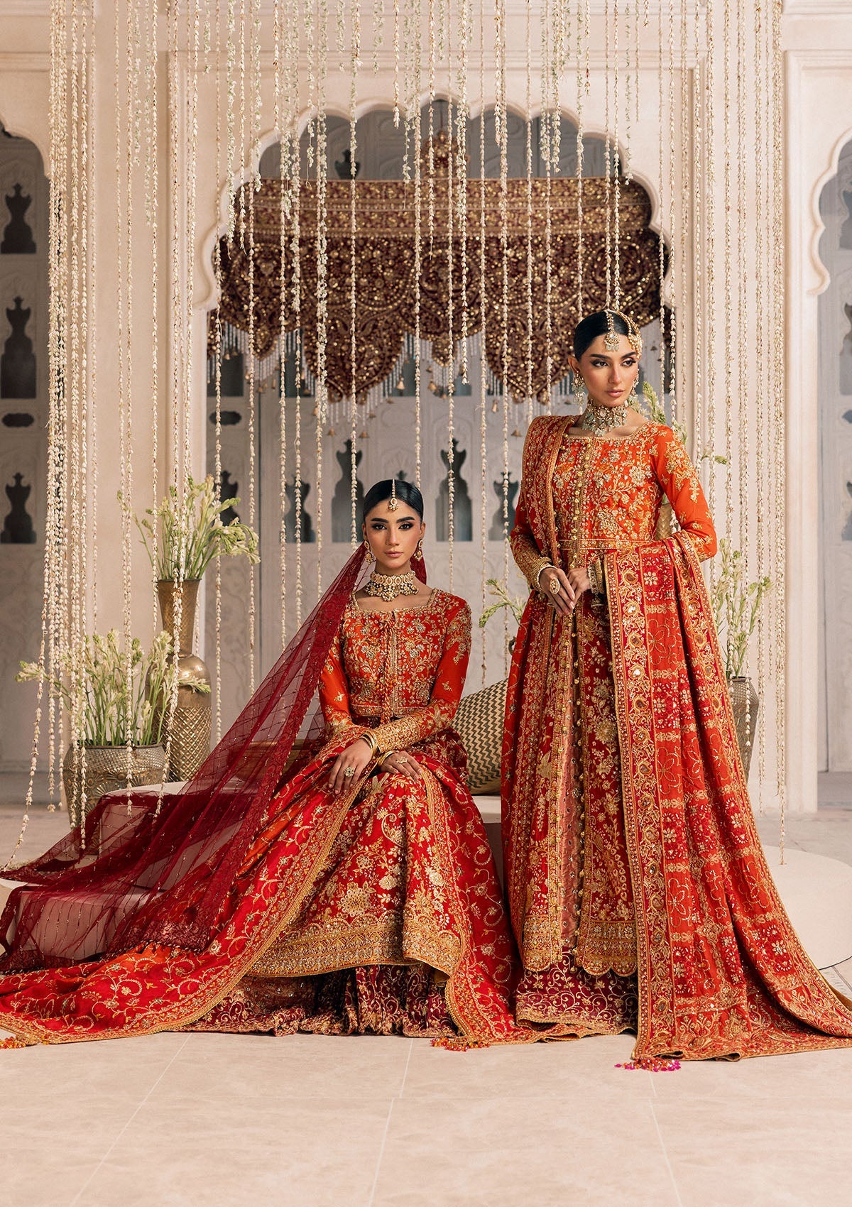 Shop red-orange silk embroidered dress with Kataan shirt, Masoori pants & dupatta. Features kоти kalidar & open front styles—perfect for festive wear.