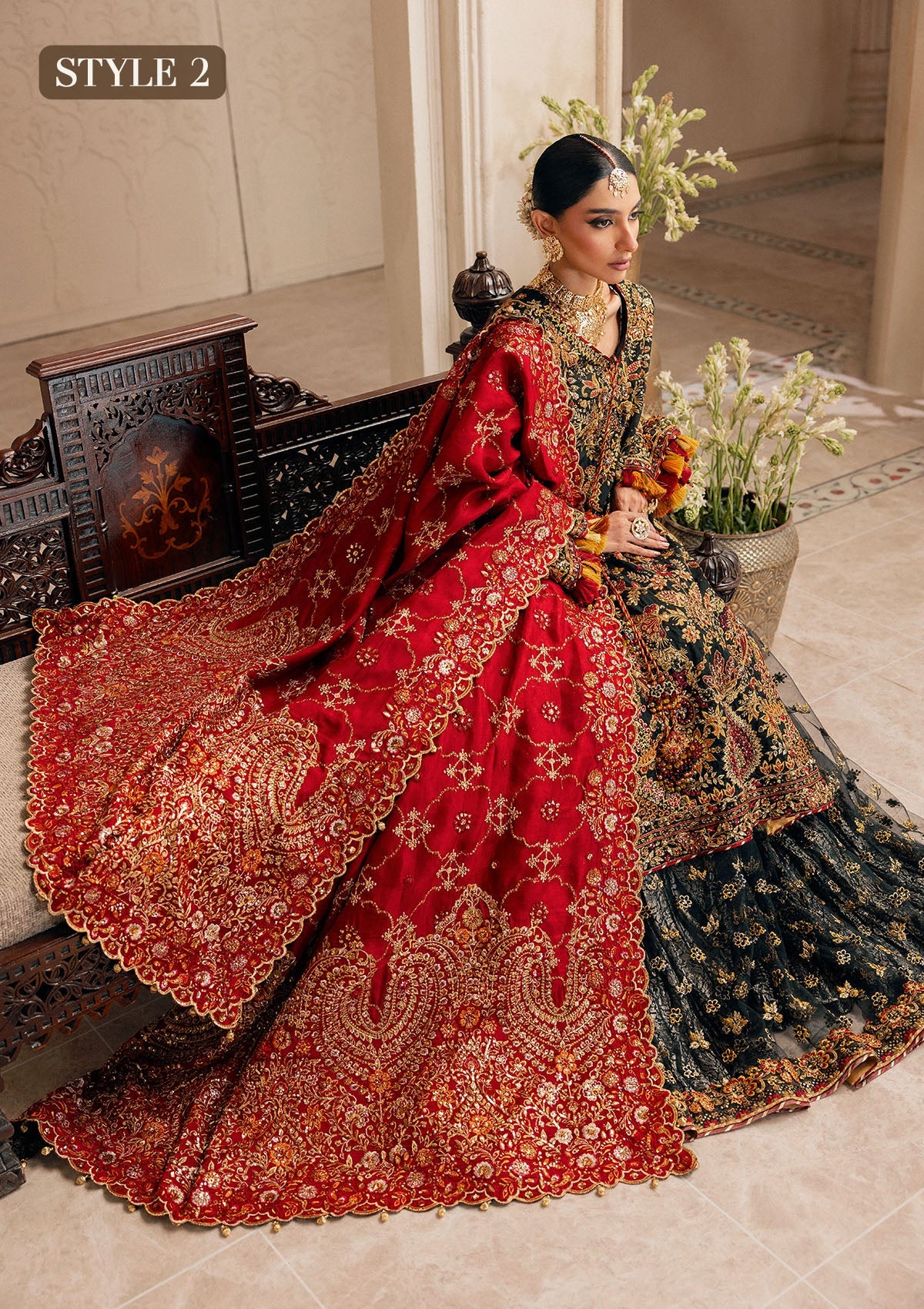 Shop embroidered Kataan silk dress with jamawar pants & silk dupatta. Features long shirt & farshi gharara or slit style—perfect for weddings.