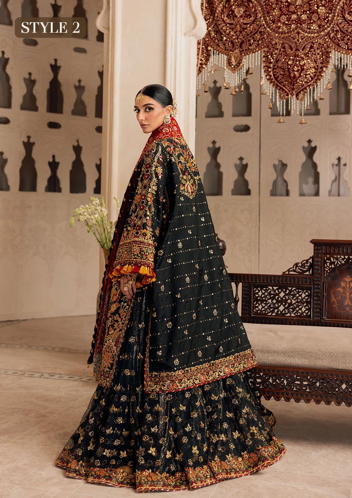 Shop embroidered Kataan silk dress with jamawar pants & silk dupatta. Features long shirt & farshi gharara or slit style—perfect for weddings.