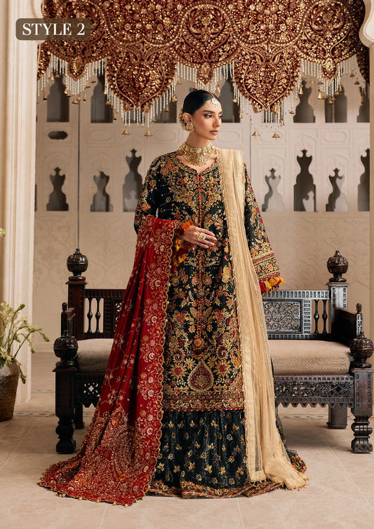 Shop embroidered Kataan silk dress with jamawar pants & silk dupatta. Features long shirt & farshi gharara or slit style—perfect for weddings.