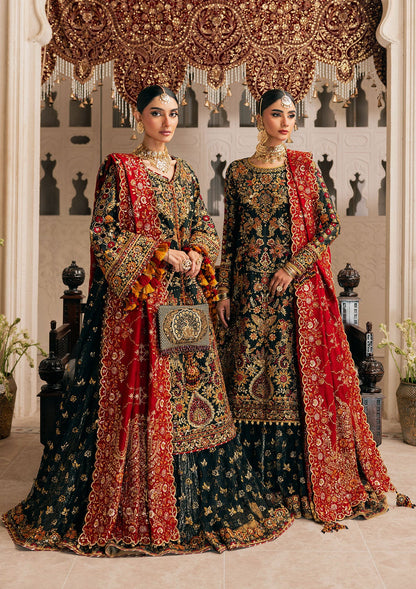 Shop embroidered Kataan silk dress with jamawar pants & silk dupatta. Features long shirt & farshi gharara or slit style—perfect for weddings.