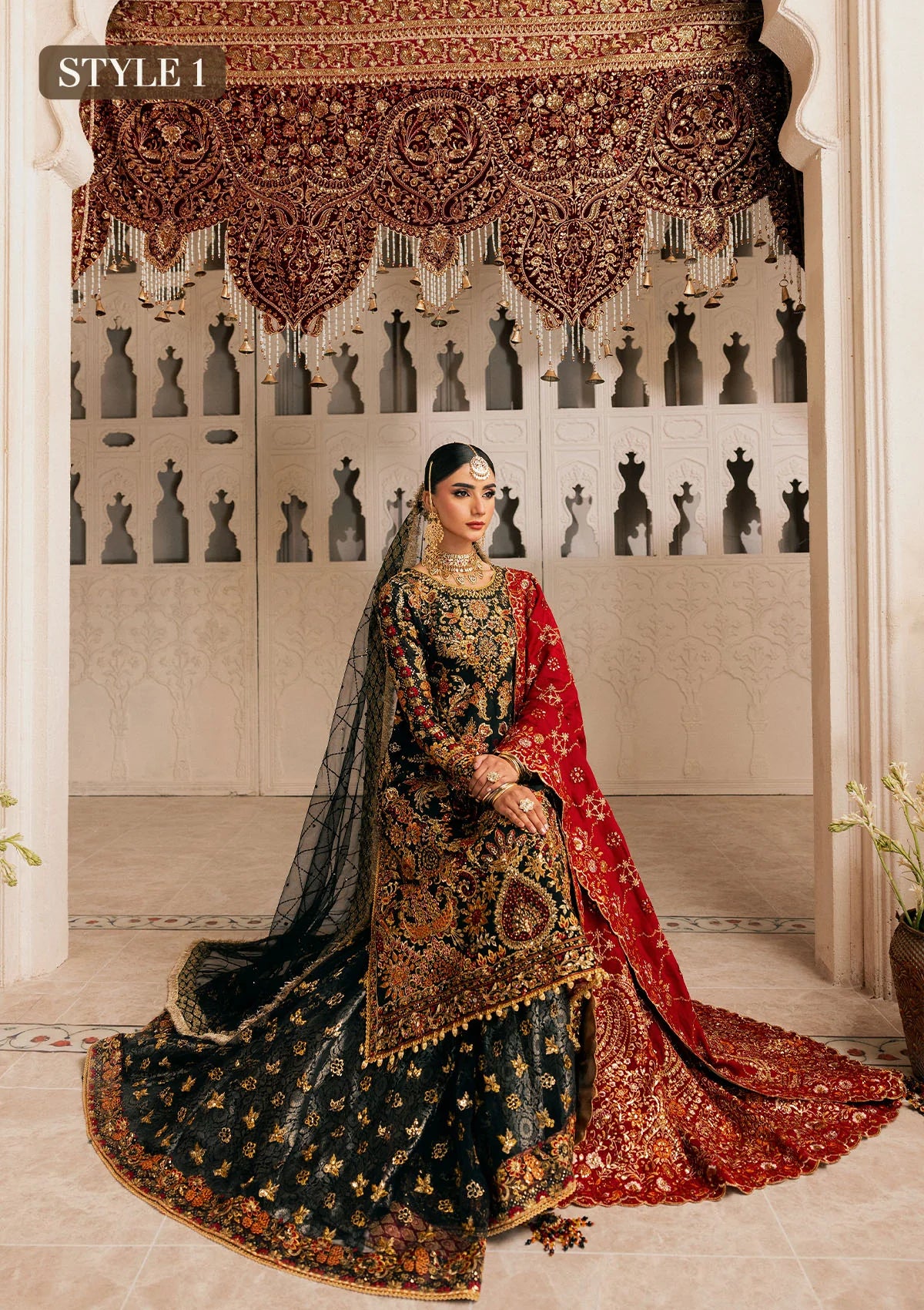 Shop embroidered Kataan silk dress with jamawar pants & silk dupatta. Features long shirt & farshi gharara or slit style—perfect for weddings.