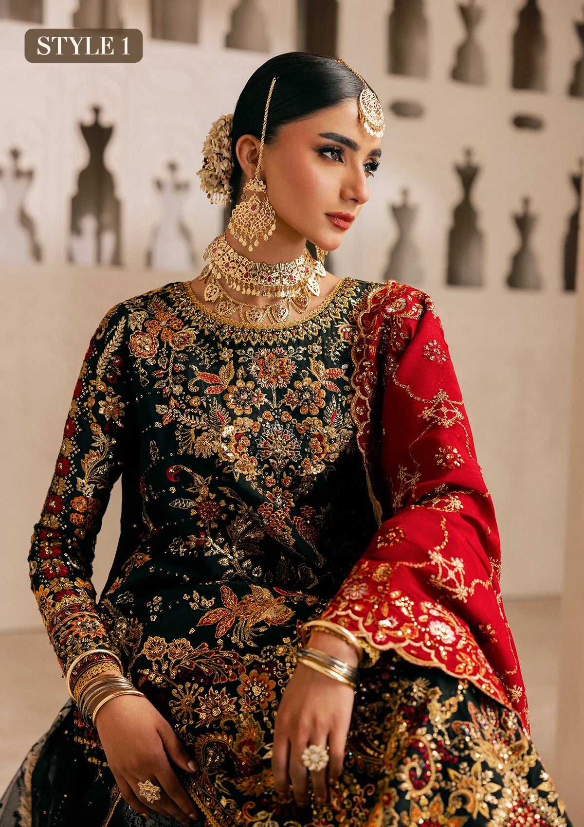 Shop embroidered Kataan silk dress with jamawar pants & silk dupatta. Features long shirt & farshi gharara or slit style—perfect for weddings.