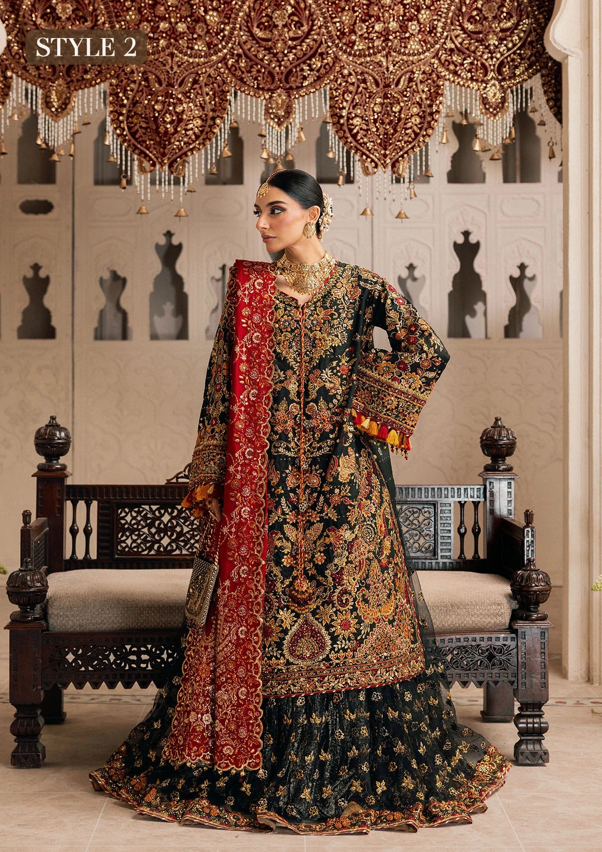 Shop embroidered Kataan silk dress with jamawar pants & silk dupatta. Features long shirt & farshi gharara or slit style—perfect for weddings.