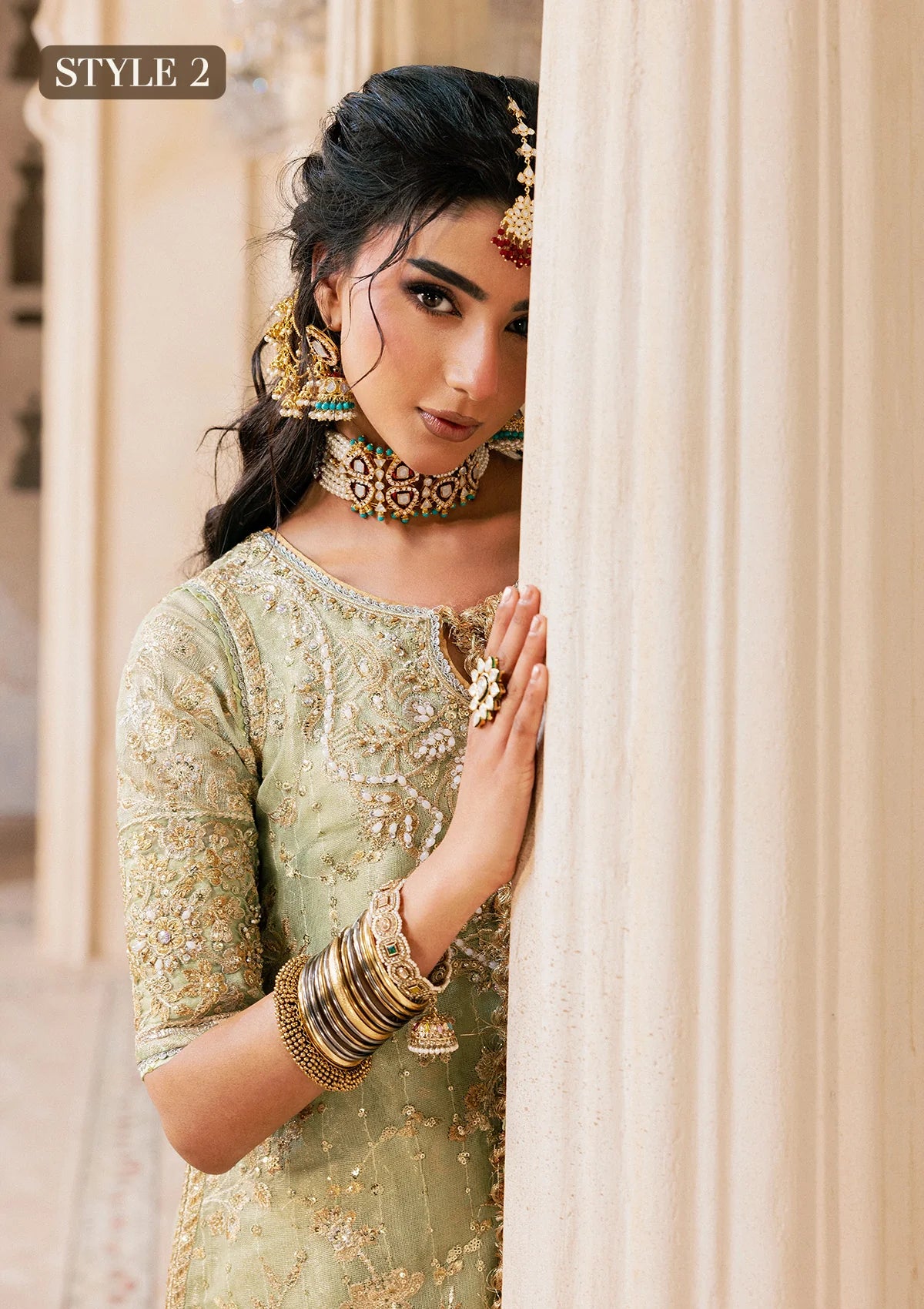 Shop mint green zari net embroidered dress with jamawar pants & chiffon dupatta. Features sharara & Hyderabadi gharara styles—perfect festive wear.