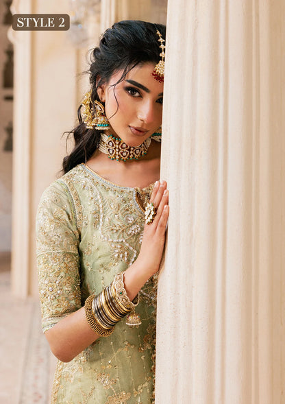 Shop mint green zari net embroidered dress with jamawar pants & chiffon dupatta. Features sharara & Hyderabadi gharara styles—perfect festive wear.