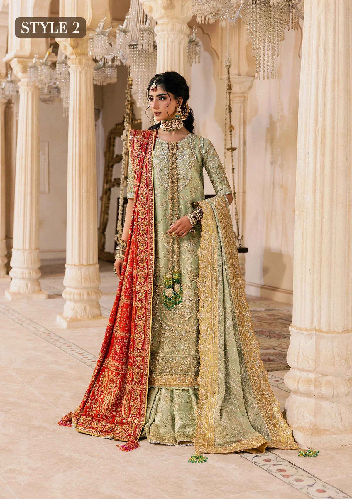 Shop mint green zari net embroidered dress with jamawar pants & chiffon dupatta. Features sharara & Hyderabadi gharara styles—perfect festive wear.