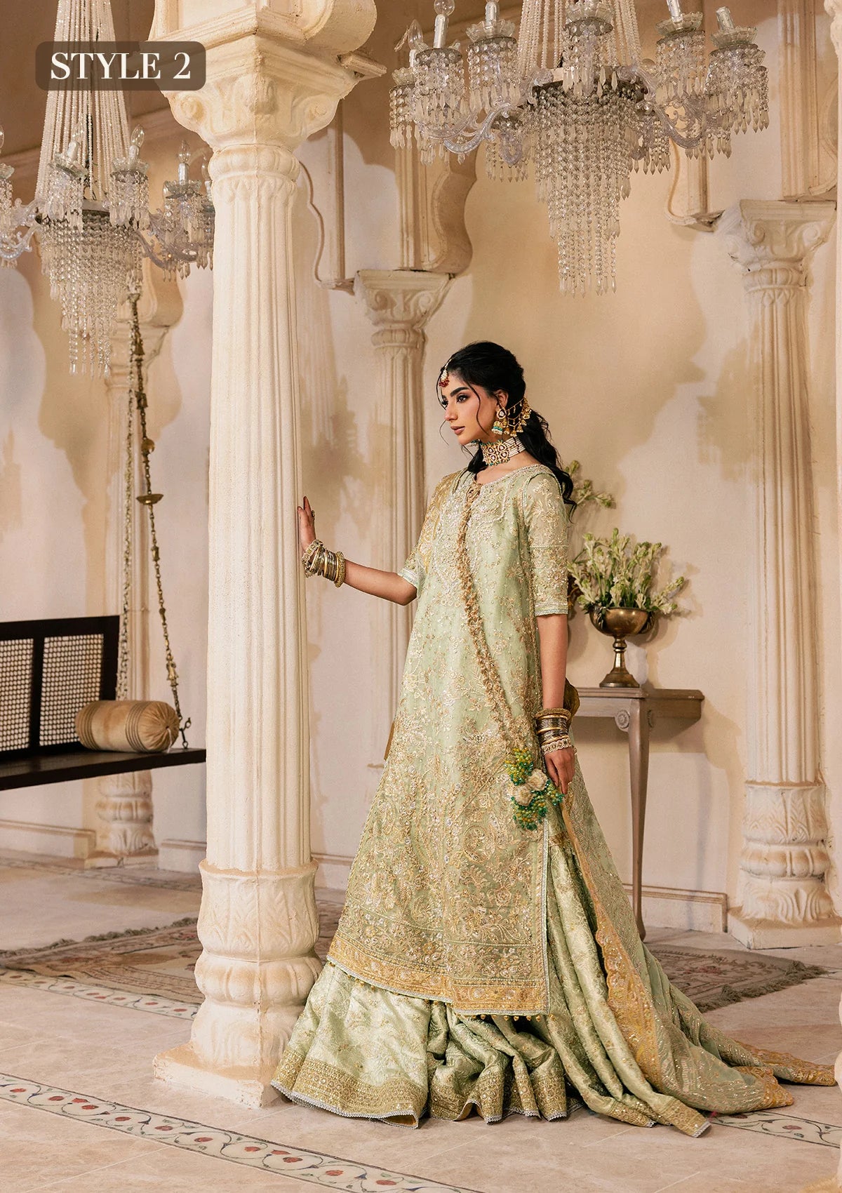 Shop mint green zari net embroidered dress with jamawar pants & chiffon dupatta. Features sharara & Hyderabadi gharara styles—perfect festive wear.
