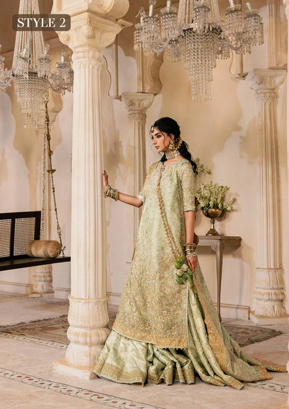 Shop mint green zari net embroidered dress with jamawar pants & chiffon dupatta. Features sharara & Hyderabadi gharara styles—perfect festive wear.