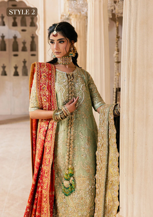 Shop mint green zari net embroidered dress with jamawar pants & chiffon dupatta. Features sharara & Hyderabadi gharara styles—perfect festive wear.