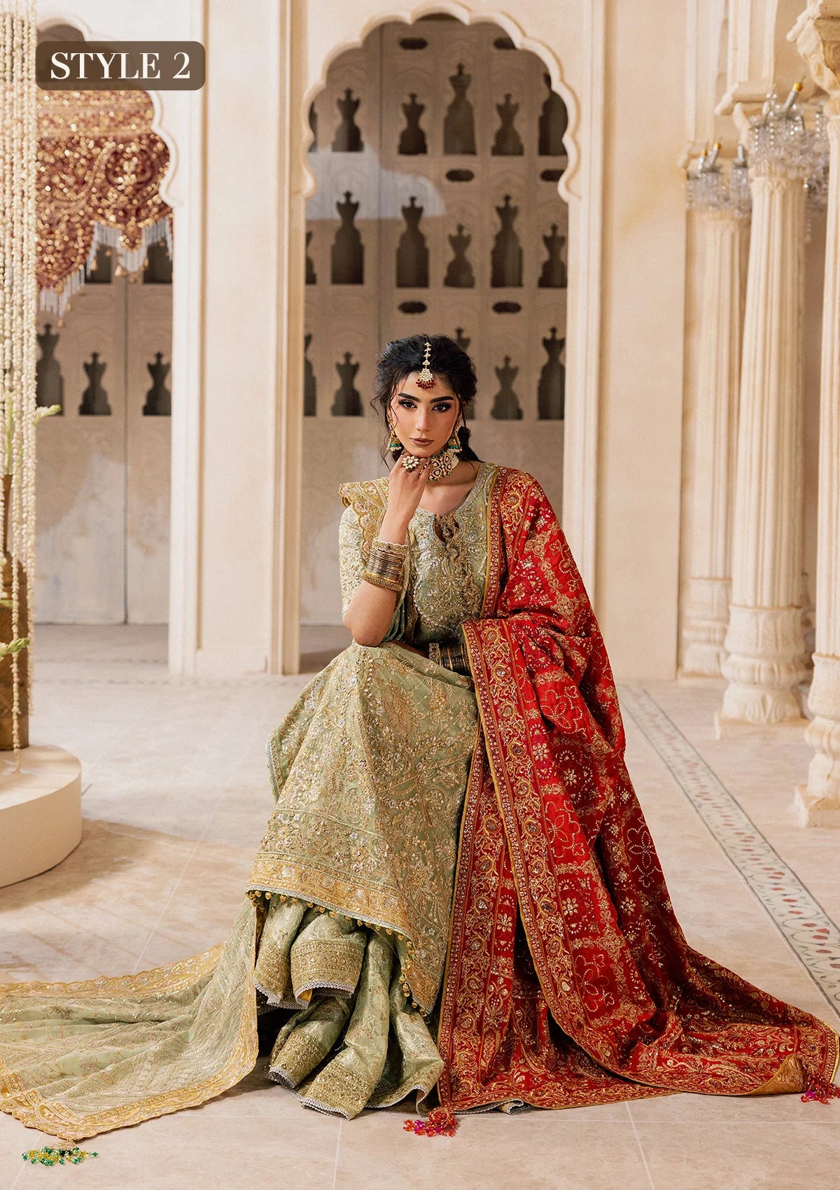 Shop mint green zari net embroidered dress with jamawar pants & chiffon dupatta. Features sharara & Hyderabadi gharara styles—perfect festive wear.