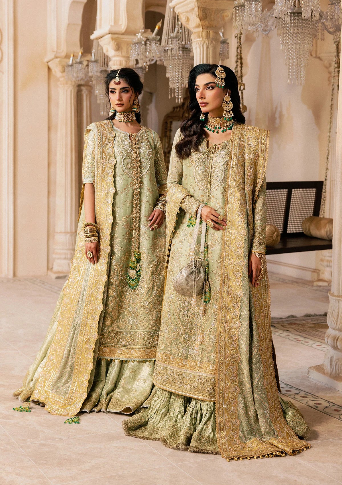Shop mint green zari net embroidered dress with jamawar pants & chiffon dupatta. Features sharara & Hyderabadi gharara styles—perfect festive wear.