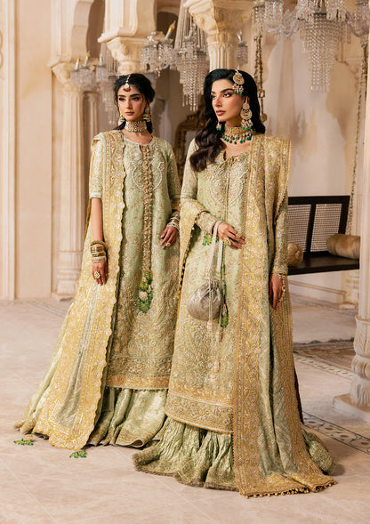 Shop mint green zari net embroidered dress with jamawar pants & chiffon dupatta. Features sharara & Hyderabadi gharara styles—perfect festive wear.