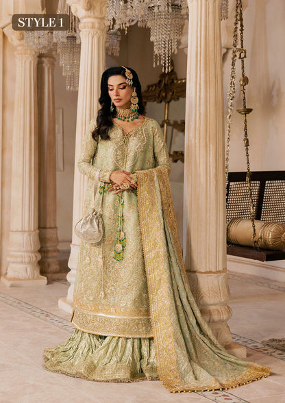 Shop mint green zari net embroidered dress with jamawar pants & chiffon dupatta. Features sharara & Hyderabadi gharara styles—perfect festive wear.