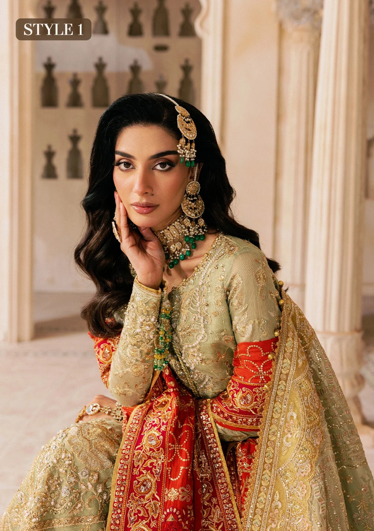 Shop mint green zari net embroidered dress with jamawar pants & chiffon dupatta. Features sharara & Hyderabadi gharara styles—perfect festive wear.