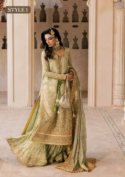 Shop mint green zari net embroidered dress with jamawar pants & chiffon dupatta. Features sharara & Hyderabadi gharara styles—perfect festive wear.