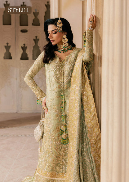 Shop mint green zari net embroidered dress with jamawar pants & chiffon dupatta. Features sharara & Hyderabadi gharara styles—perfect festive wear.