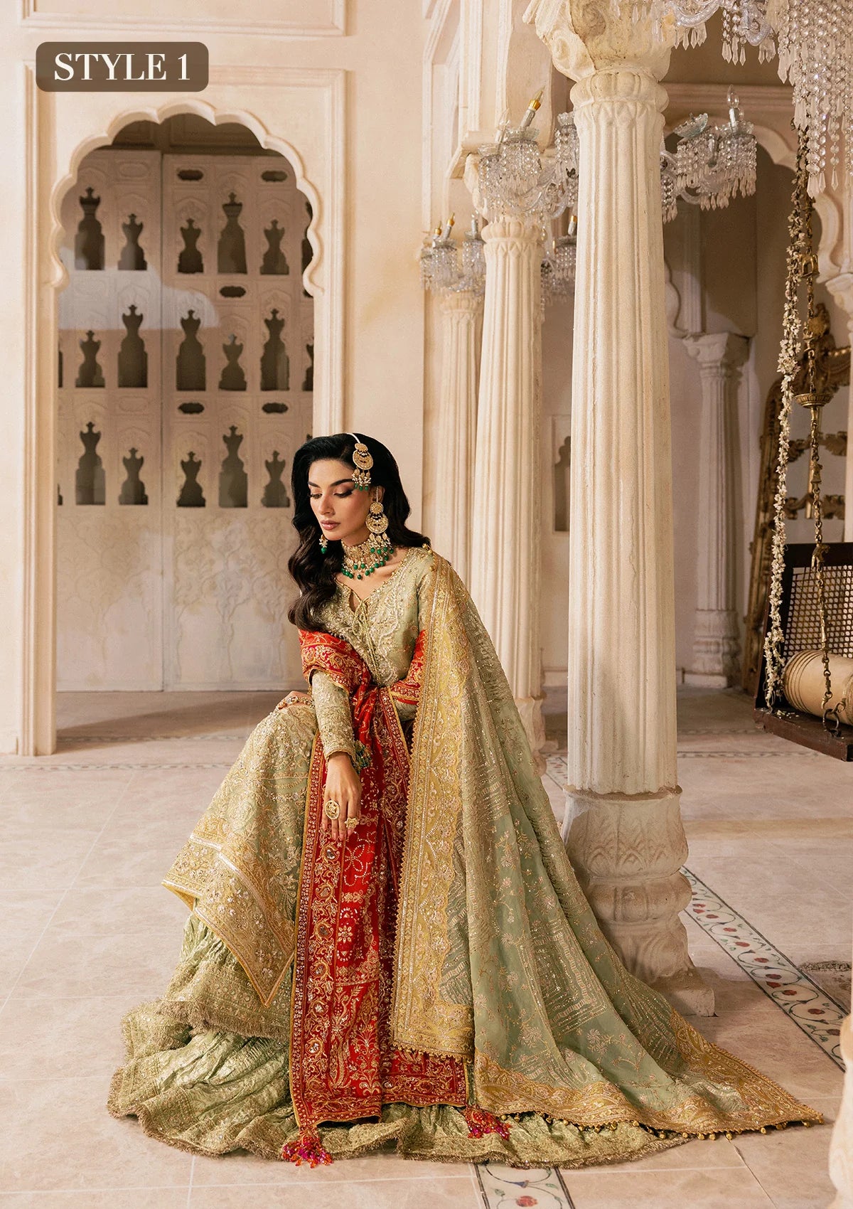Shop mint green zari net embroidered dress with jamawar pants & chiffon dupatta. Features sharara & Hyderabadi gharara styles—perfect festive wear.