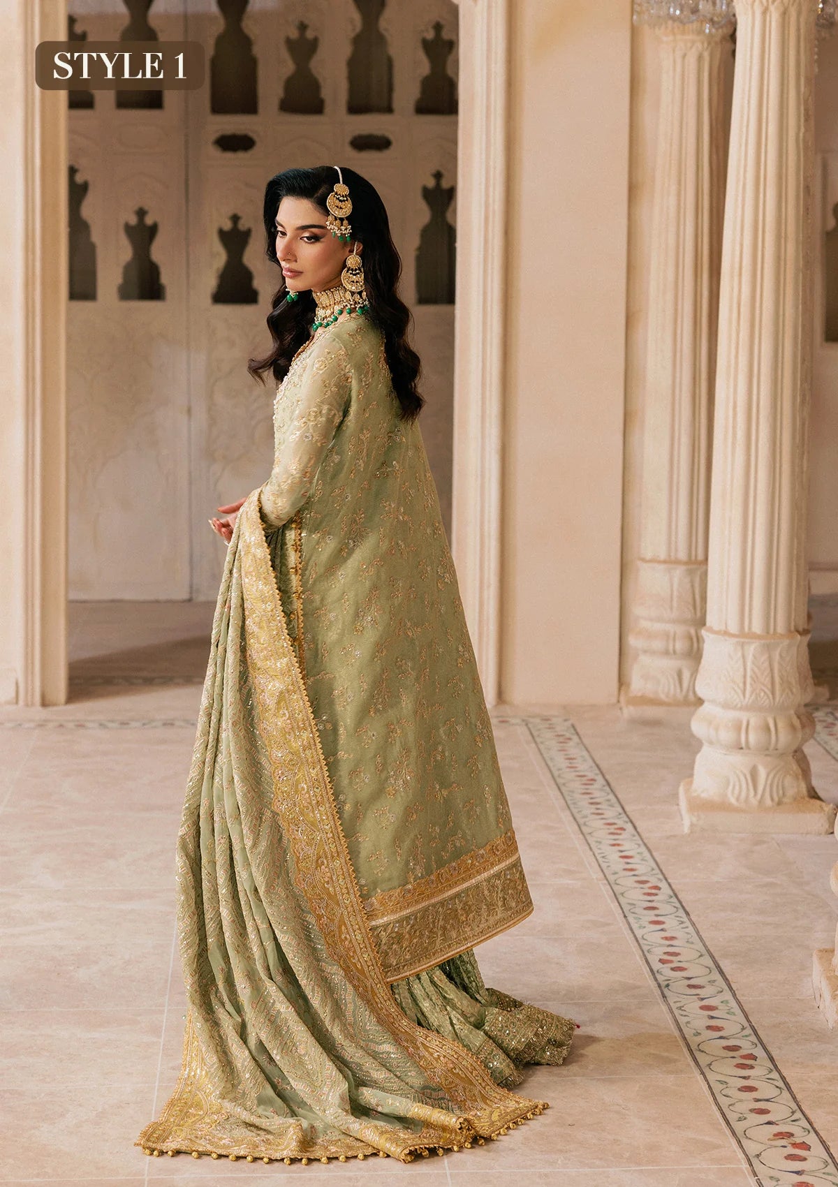 Shop mint green zari net embroidered dress with jamawar pants & chiffon dupatta. Features sharara & Hyderabadi gharara styles—perfect festive wear.