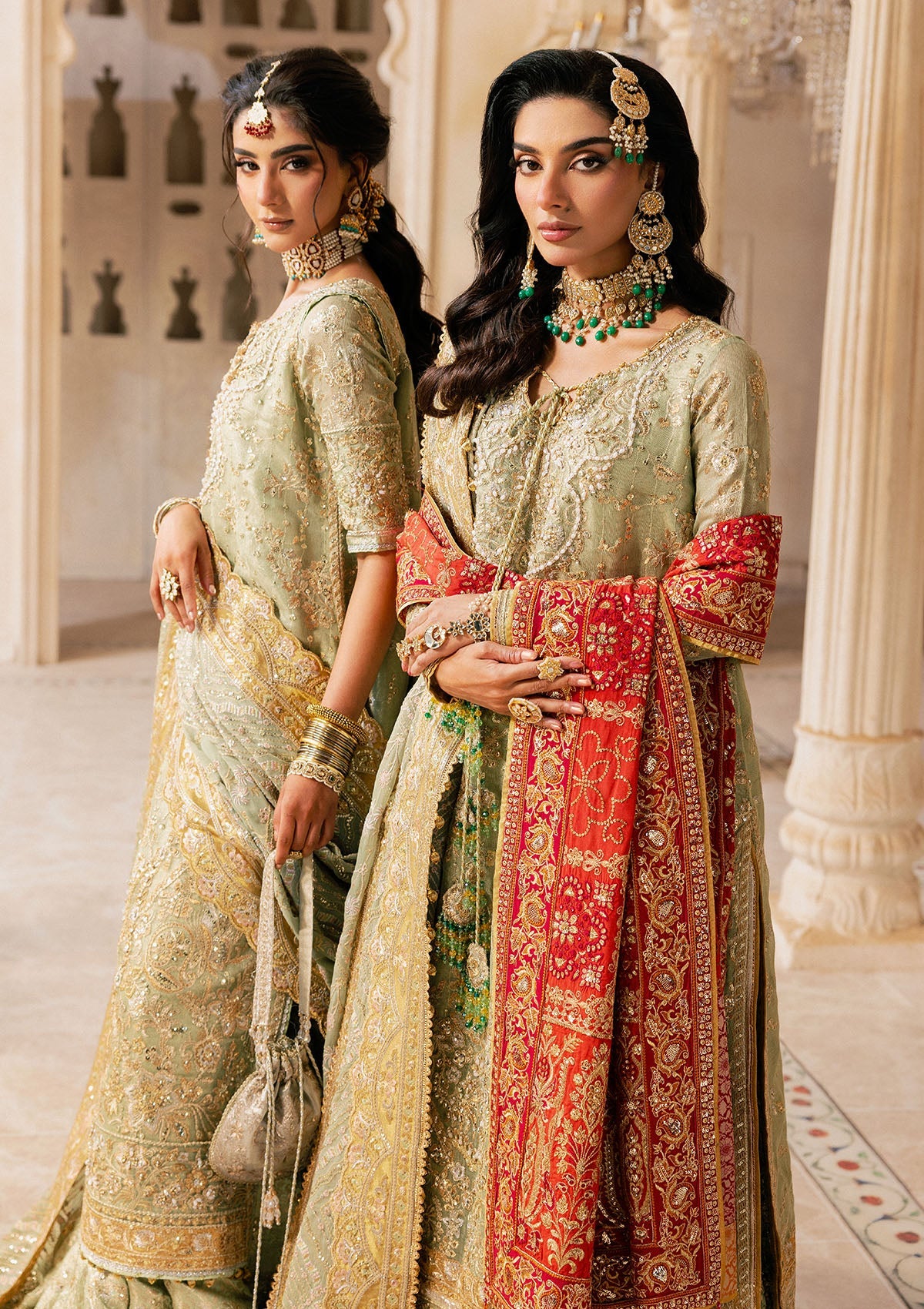 Shop mint green zari net embroidered dress with jamawar pants & chiffon dupatta. Features sharara & Hyderabadi gharara styles—perfect festive wear.