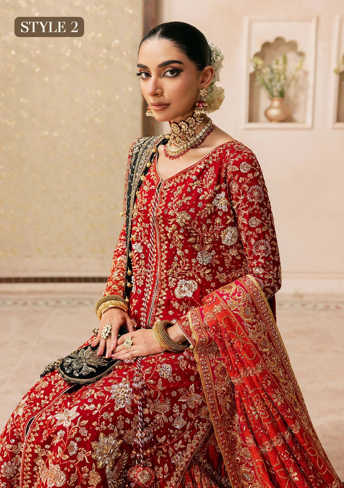 Shop red medium silk embroidered dress with masoori pants & silk dupatta. Features open front shirt with sharara or gharara—ideal for festive wear.