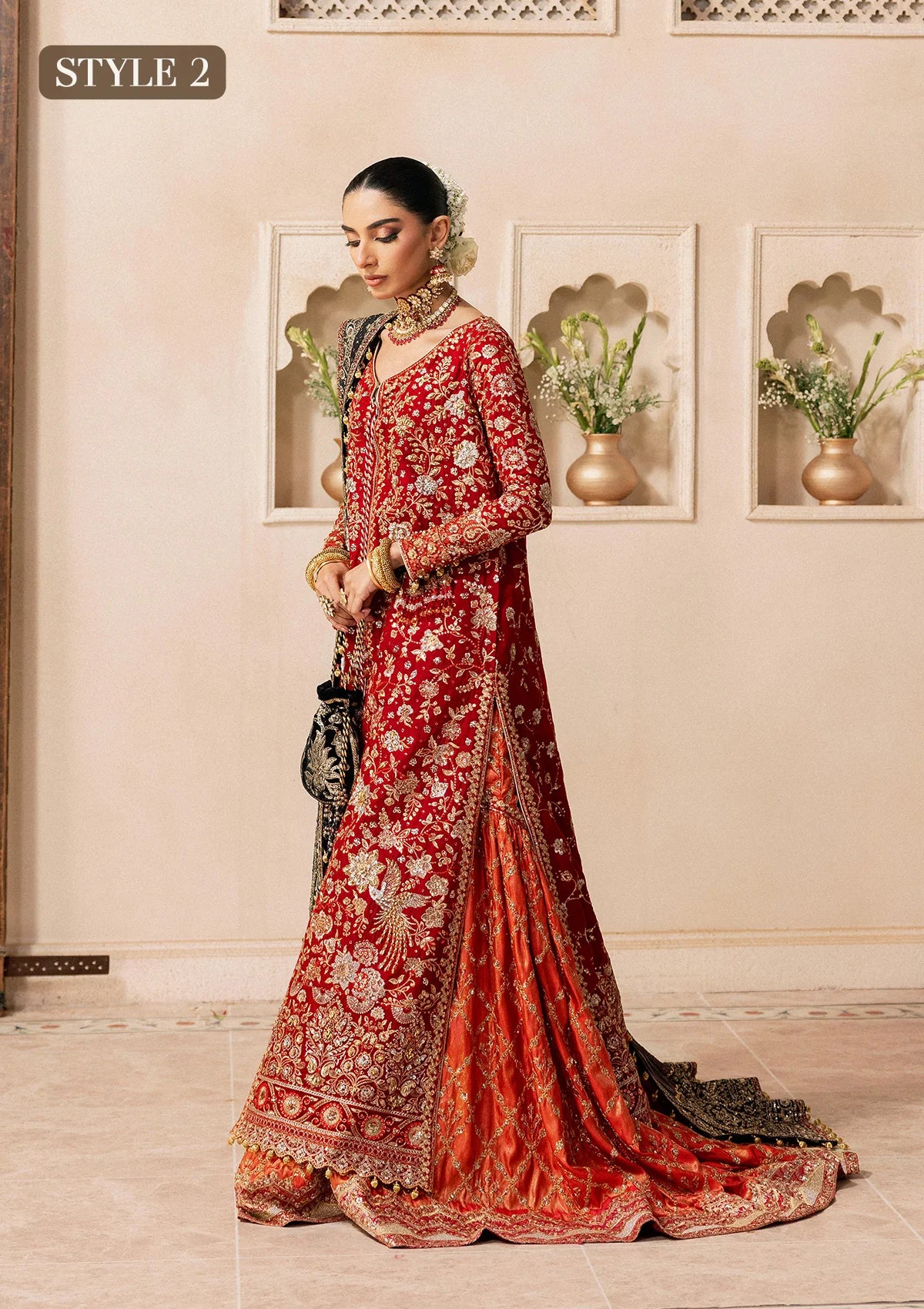Shop red medium silk embroidered dress with masoori pants & silk dupatta. Features open front shirt with sharara or gharara—ideal for festive wear.