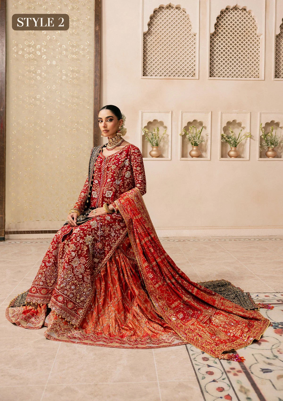 Shop red medium silk embroidered dress with masoori pants & silk dupatta. Features open front shirt with sharara or gharara—ideal for festive wear.