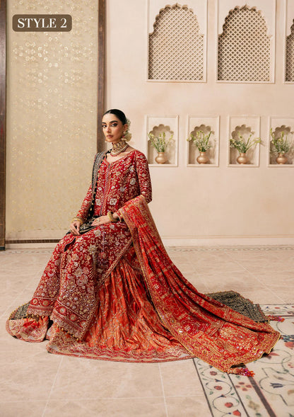 Shop red medium silk embroidered dress with masoori pants & silk dupatta. Features open front shirt with sharara or gharara—ideal for festive wear.