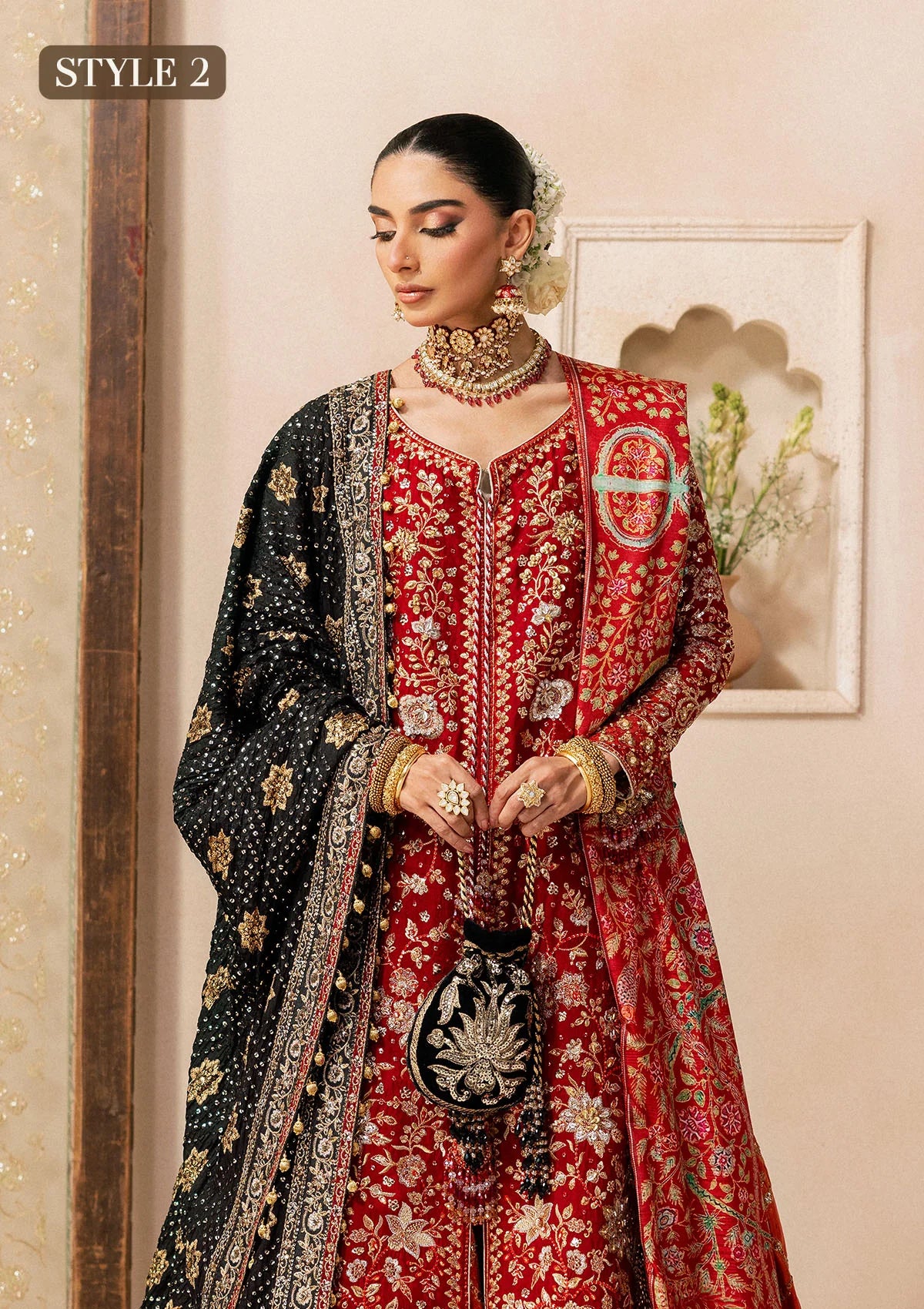 Shop red medium silk embroidered dress with masoori pants & silk dupatta. Features open front shirt with sharara or gharara—ideal for festive wear.