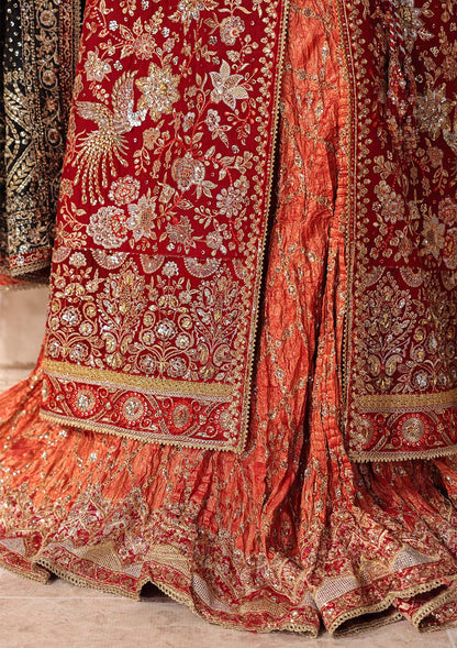 Shop red medium silk embroidered dress with masoori pants & silk dupatta. Features open front shirt with sharara or gharara—ideal for festive wear.