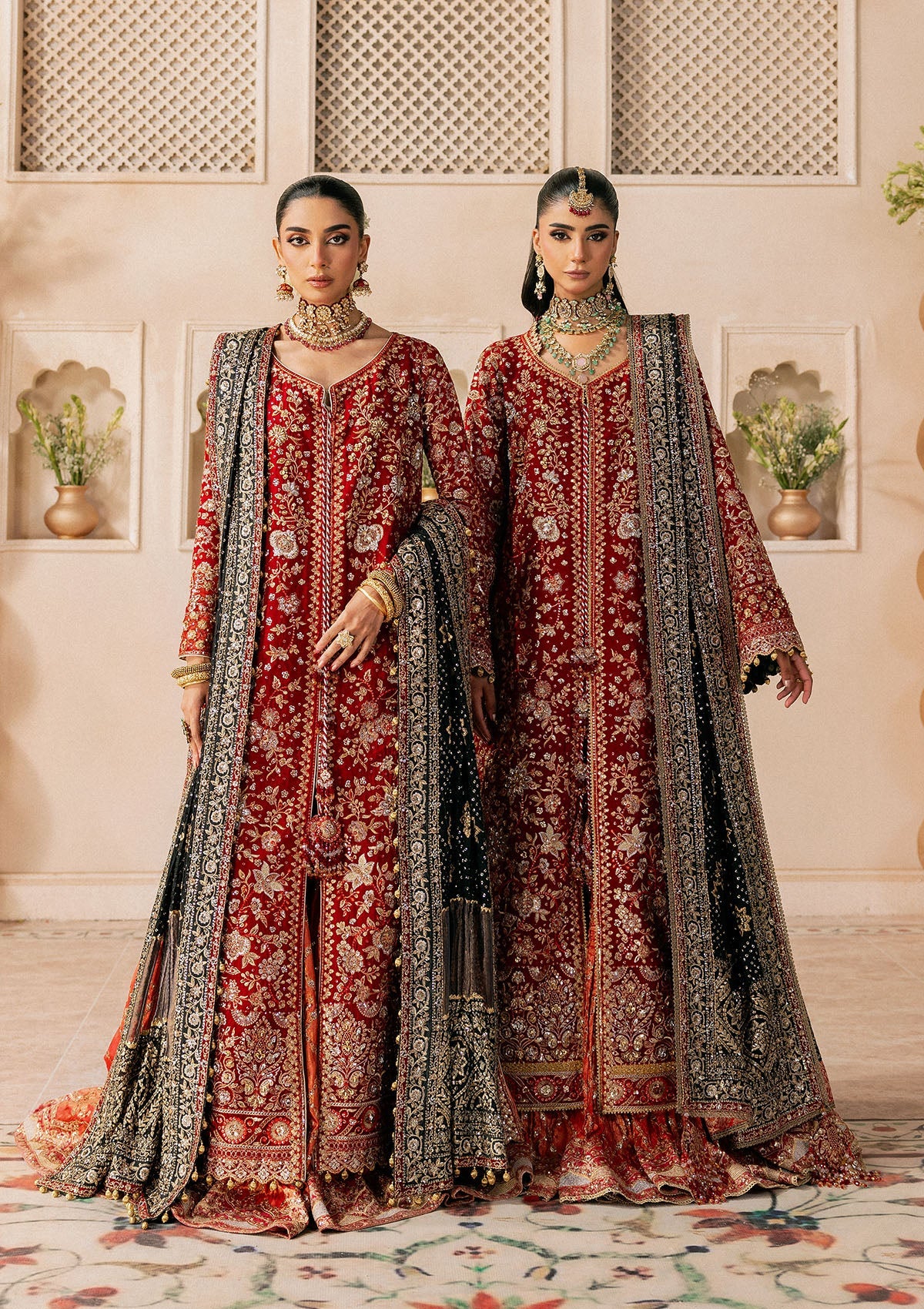 Shop red medium silk embroidered dress with masoori pants & silk dupatta. Features open front shirt with sharara or gharara—ideal for festive wear.